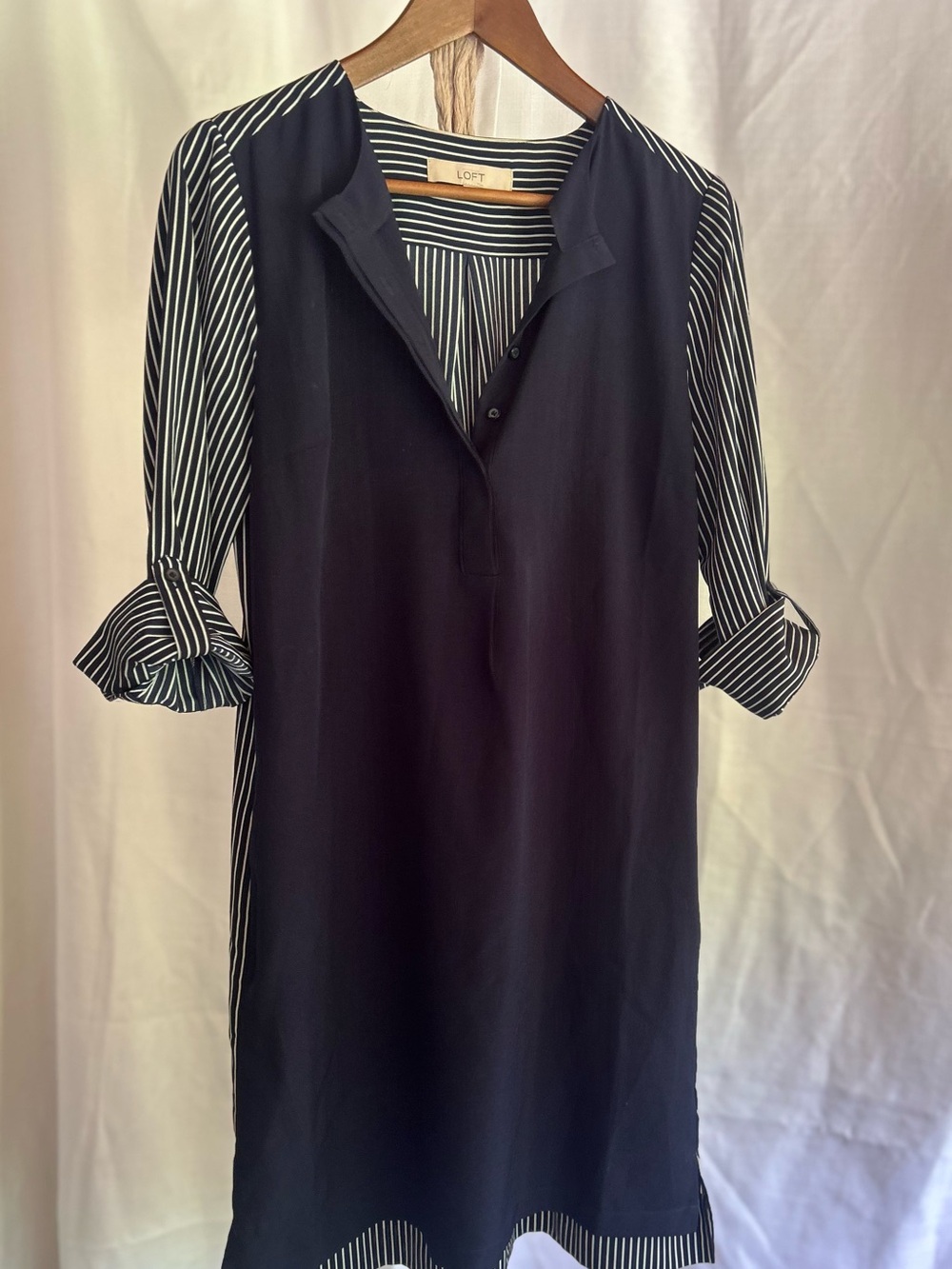 LOFT Navy Dress Tunic with White Striped Sleeves